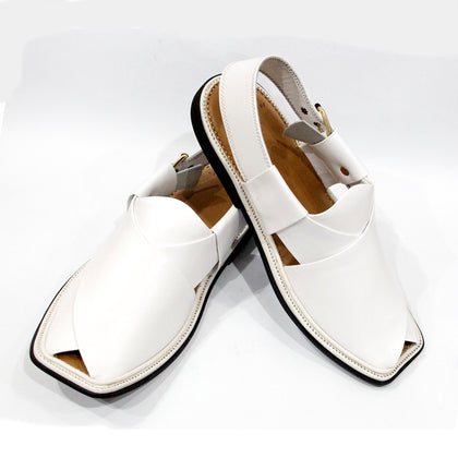 Premium Quality White Leather Hand Stitched Peshawari Chappal