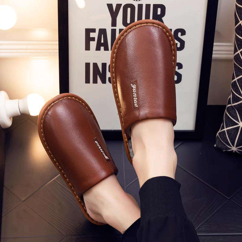 Men s Women s PU Leather Fluffy Slippers Thick Soft Warm Anti Slip