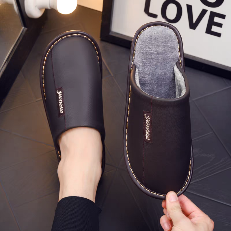Men s Women s PU Leather Fluffy Slippers Thick Soft Warm Anti Slip Cozy Fuzzy Slides