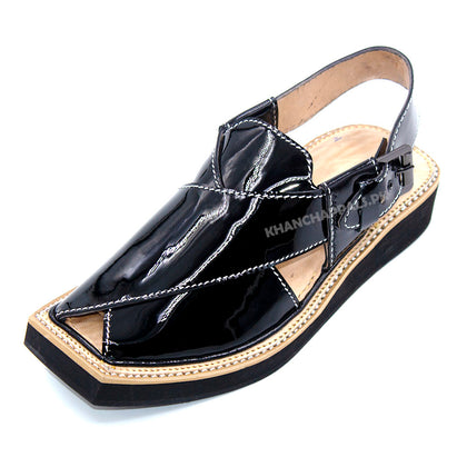 Special Black Patent Genuine Leather Kaptaan Chappal